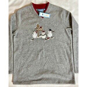 CROFT & BARROW Snowman Fleece Embroidered V-Neck Sweater NWT Size S (Bx 9)